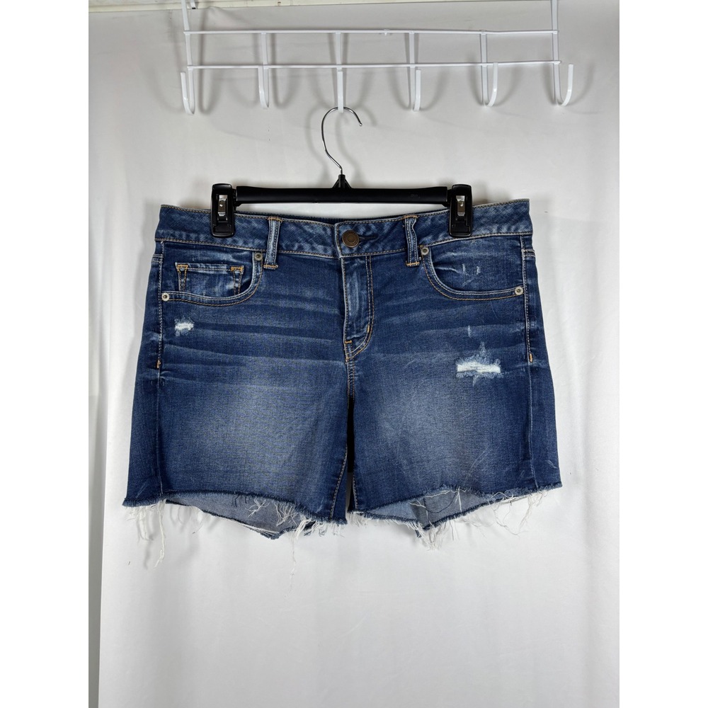 American Eagle Super Stretch Medium Wash Distressed Raw Hem Denim Shorts 14